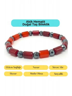 Sertifikalı Kırmızı Akik ve Hematit Doğal Taş Misinalı Bileklik