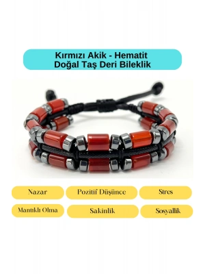 Sertifikalı Kırmızı Akik ve Hematit Makrome Doğal Taş Deri Erkek Bileklik