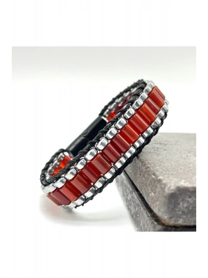 Sertifikalı Kırmızı Akik ve Hematit Silindir Kesim Kilitli Doğal Taş Deri Erkek Bileklik