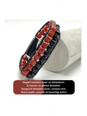 SERTİFİKALI Kırmızı Akik ve Obsidyen Çift Sıra Küp Kesim Kilitli Doğal Taş Bileklik 6mm Taş