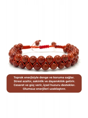 SERTİFİKALI Kırmızı Jasper Çift Sıra Doğal Taş Makrome Bileklik Ayarlanabilir Ölçü