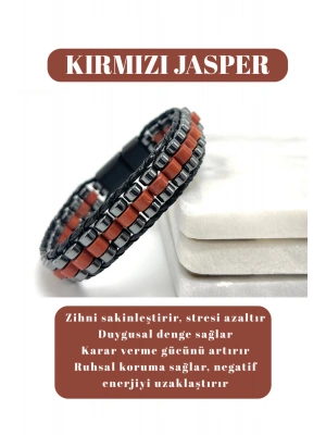 Sertifikalı Kırmızı Jasper Disk Model Doğal Taş Erkek Bileklik Kilitli Kapama