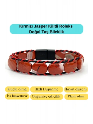 Sertifikalı Kırmızı Jasper Kilit Kapama Roleks Doğal Taş Deri Bileklik