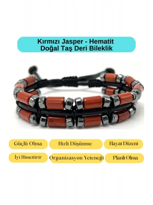Sertifikalı Kırmızı Jasper ve Hematit Makrome Doğal Taş Deri Erkek Bileklik
