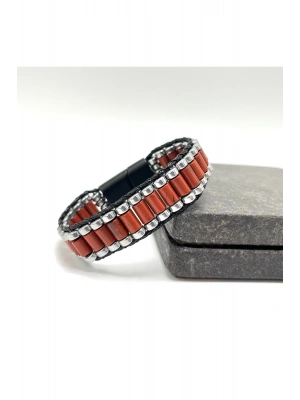 Sertifikalı Kırmızı Jasper ve Hematit Silindir Kesim Kilitli Doğal Taş Deri Erkek Bileklik