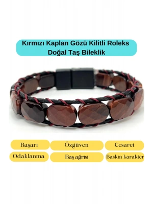 Sertifikalı Kırmızı Kaplan Gözü Kilit Kapama Roleks Doğal Taş Deri Bileklik