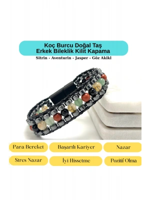 SERTİFİKALI Koç Burcu Disk Model Doğal Taş Erkek Bileklik Mıknatıslı Kilit