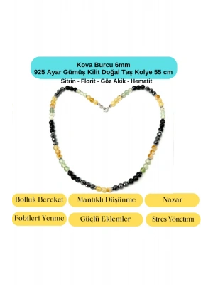 SERTİFİKALI Kova Burcu 6mm 925 Ayar Gümüş Doğal Taş Kolye 55 cm