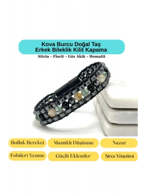 SERTİFİKALI Kova Burcu Disk Model Doğal Taş Erkek Bileklik Mıknatıslı Kilit