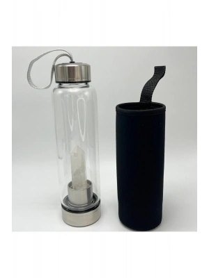 SERTİFİKALI Kristal Kuvars Doğal Taş Cam Su Matarası 550 ml  Özel Kılıflı Contalı Kapak Paslanmaz