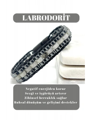 Sertifikalı Labrodorit Disk Model Doğal Taş Erkek Bileklik Kilitli Kapama