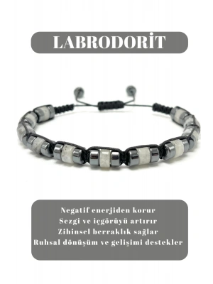 Sertifikalı Labrodorit Disk Model Doğal Taş Makrome Bileklik Ayarlanabilir Ölçü