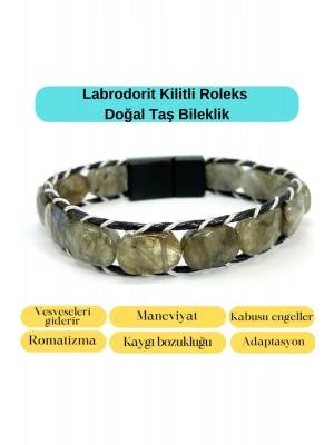 Sertifikalı Labrodorit Kilit Kapama Roleks Doğal Taş Deri Bileklik