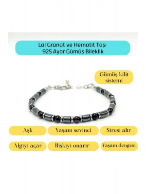 Sertifikalı Lal Granat ve Hematit  925 Ayar Doğal Taş Gümüş Bileklik 4mm