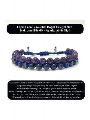 SERTİFİKALI Lapis Lazuli - Ametist Doğal Taş Çift Sıra Makrome Bileklik
