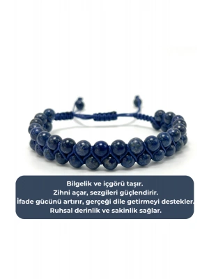 SERTİFİKALI Lapis Lazuli Çift Sıra Doğal Taş Makrome Bileklik Ayarlanabilir Ölçü