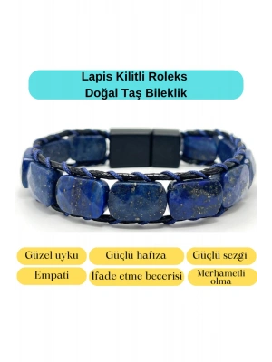Sertifikalı Lapis Lazuli Kilit Kapama Roleks Doğal Taş Deri Bileklik