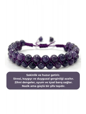 SERTİFİKALI Lepidolit Çift Sıra Doğal Taş Makrome Bileklik Ayarlanabilir Ölçü