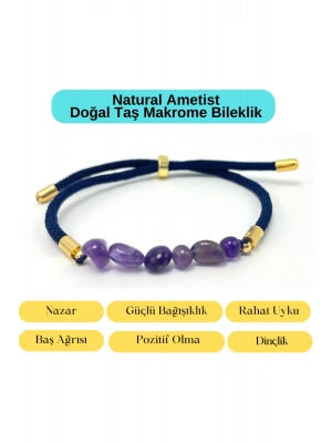 Sertifikalı Natural Ametist Doğal Taş Makrome Bileklik Ayarlanabilir Ölçü