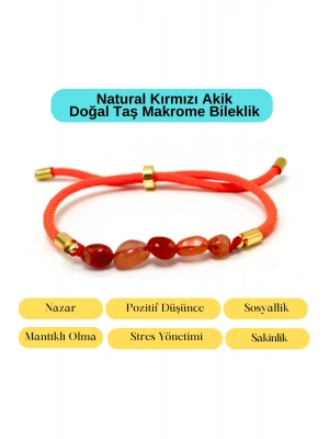 Sertifikalı Natural Kırmızı Akik Doğal Taş Makrome Bileklik Ayarlanabilir Ölçü