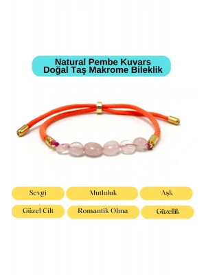 Sertifikalı Natural Pembe Kuvars Doğal Taş Makrome Bileklik Ayarlanabilir Ölçü