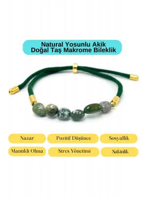 Sertifikalı Natural Yosunlu Akik Doğal Taş Makrome Bileklik Ayarlanabilir Ölçü
