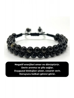 SERTİFİKALI Obsidyen Çift Sıra Doğal Taş Makrome Bileklik Ayarlanabilir Ölçü
