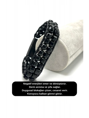 SERTİFİKALI Obsidyen Çift Sıra Küp Kesim Kilitli Doğal Taş Bileklik 6mm Taş
