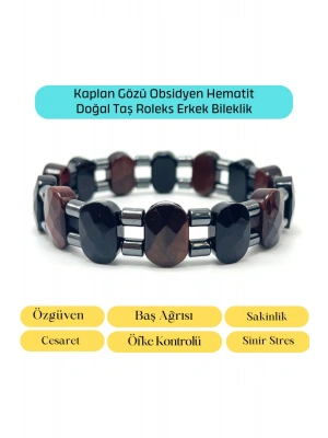 SERTİFİKALI Obsidyen Kaplan Gözü Hematit Doğal Taş Roleks Erkek Bileklik