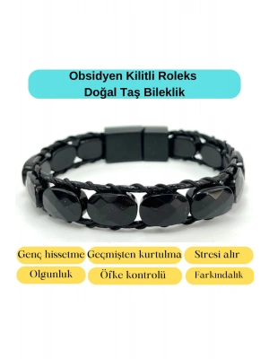 Sertifikalı Obsidyen Kilit Kapama Roleks Doğal Taş Deri Bileklik