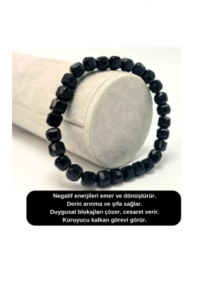 SERTİFİKALI Obsidyen Küp Kesim Lastikli Doğal Taş Bileklik 6mm