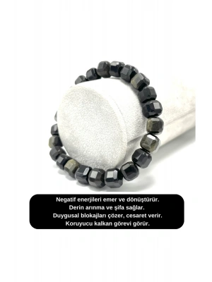SERTİFİKALI Obsidyen Küp Kesim Lastikli Doğal Taş Bileklik 8 mm
