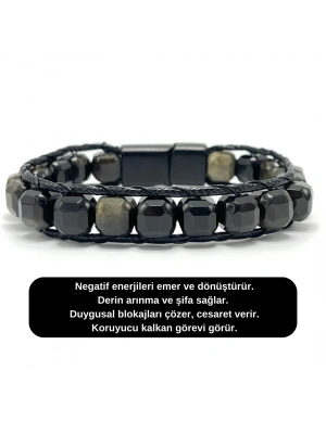 SERTİFİKALI Obsidyen Küp Kesim Lastikli Doğal Taş Bileklik 8 mm