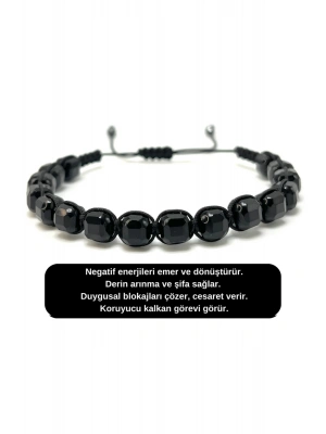 SERTİFİKALI Obsidyen Küp Kesim Makrome Doğal Taş Bileklik 6mm