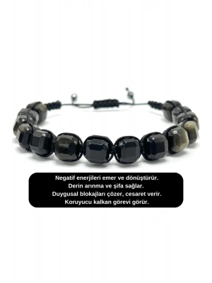 SERTİFİKALI Obsidyen Küp Kesim Makrome Doğal Taş Bileklik 8 mm