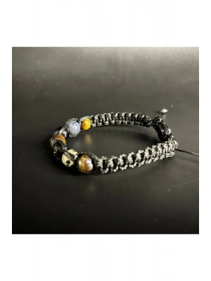 Sertifikalı Oğlak Burcu Doğal Taş Deri Bileklik Jasper D.kuvars Akik Dumortierit Kaplan Gözü