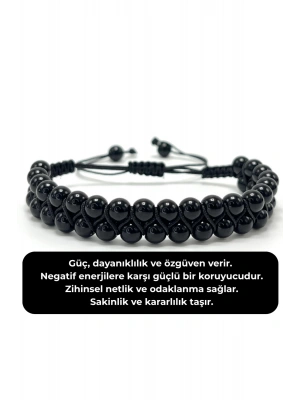 SERTİFİKALI Oniks Çift Sıra Doğal Taş Makrome Bileklik Ayarlanabilir Ölçü