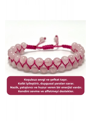 SERTİFİKALI Pembe Kuvars Çift Sıra Doğal Taş Makrome Bileklik Ayarlanabilir Ölçü