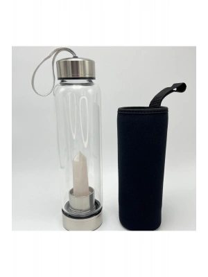 SERTİFİKALI Pembe Kuvars Doğal Taş Cam Su Matarası 550 ml  Özel Kılıflı Contalı Kapak Paslanmaz