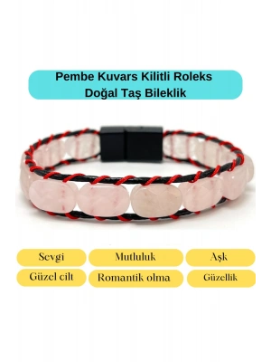 Sertifikalı Pembe Kuvars Kilit Kapama Roleks Doğal Taş Deri Bileklik