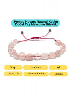 Sertifikalı Pembe Kuvars Natural Kesim Makrome Doğal Taş Bileklik Ayarlanabilir Ölçü