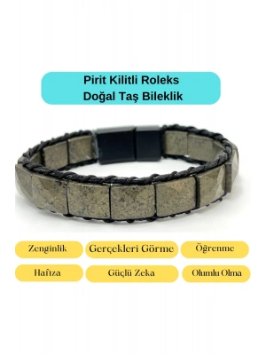 Sertifikalı Pirit Kilit Kapama Roleks Doğal Taş Deri Bileklik