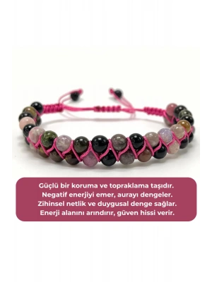 SERTİFİKALI Renkli Turmalin Çift Sıra Doğal Taş Makrome Bileklik Ayarlanabilir Ölçü