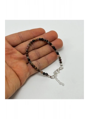 SERTİFİKALI Rodanit  4mm 925 Ayar Gümüş Doğal Taş Bileklik Uzatma Zincirli