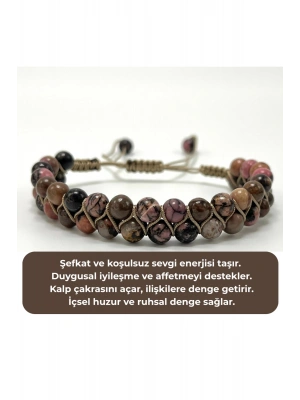 SERTİFİKALI Rodanit Çift Sıra Doğal Taş Makrome Bileklik Ayarlanabilir Ölçü