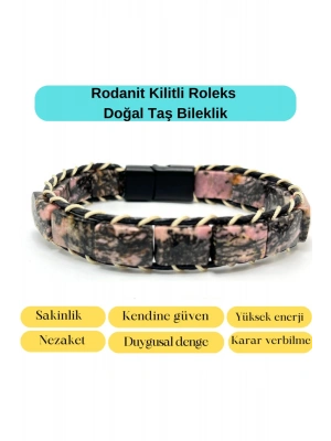 Sertifikalı Rodanit Kilit Kapama Roleks Doğal Taş Deri Bileklik