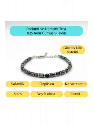 Sertifikalı Rodanit ve Hematit  925 Ayar Doğal Taş Gümüş Bileklik 4mm