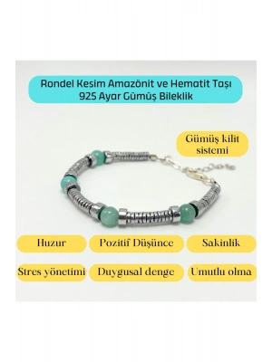 Sertifikalı Rondel Kesim Amazonit ve Hematit  925 Ayar Doğal Taş Gümüş Bileklik 6mm