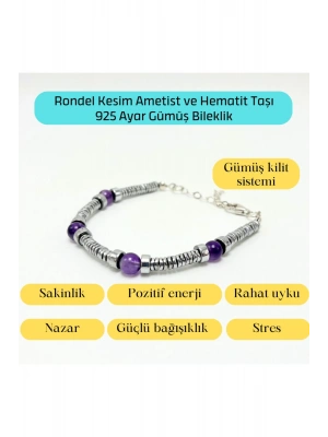Sertifikalı Rondel Kesim Ametist ve Hematit  925 Ayar Doğal Taş Gümüş Bileklik 6mm