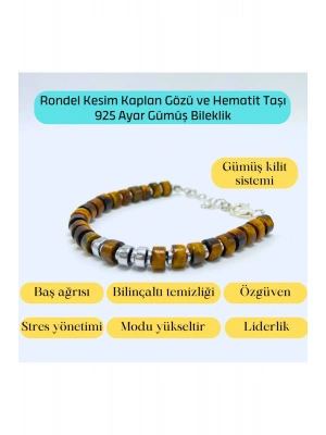 Sertifikalı Rondel Kesim Kaplan Gözü ve Hematit  925 Ayar Doğal Taş Gümüş Bileklik 6mm